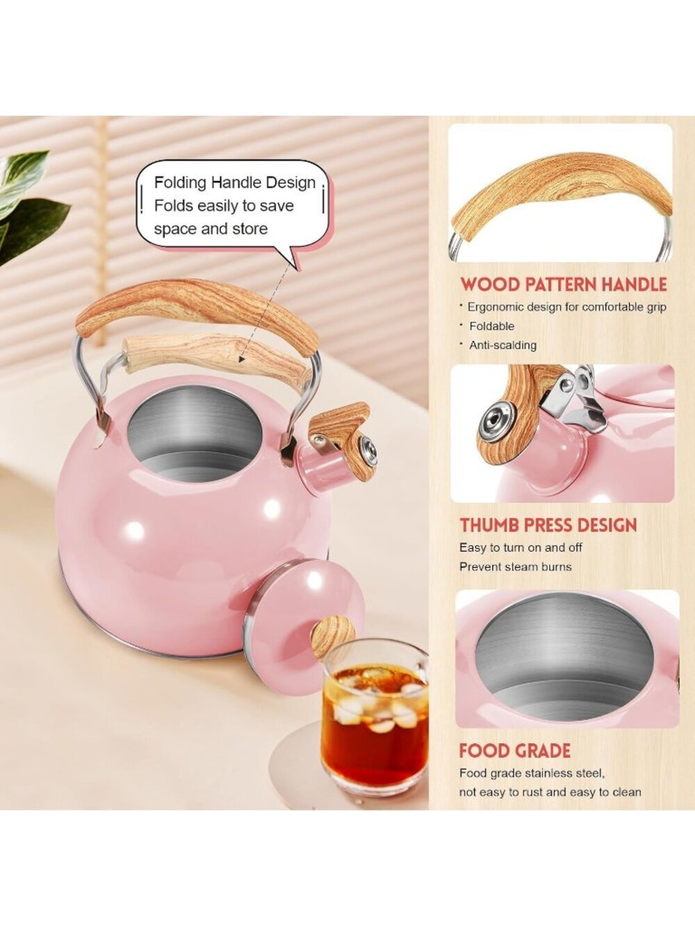 GGC Pink Stainless Steel Kettles 2.6QT Whistling Stove Top Folding Wood Handle - Picture 3 of 6